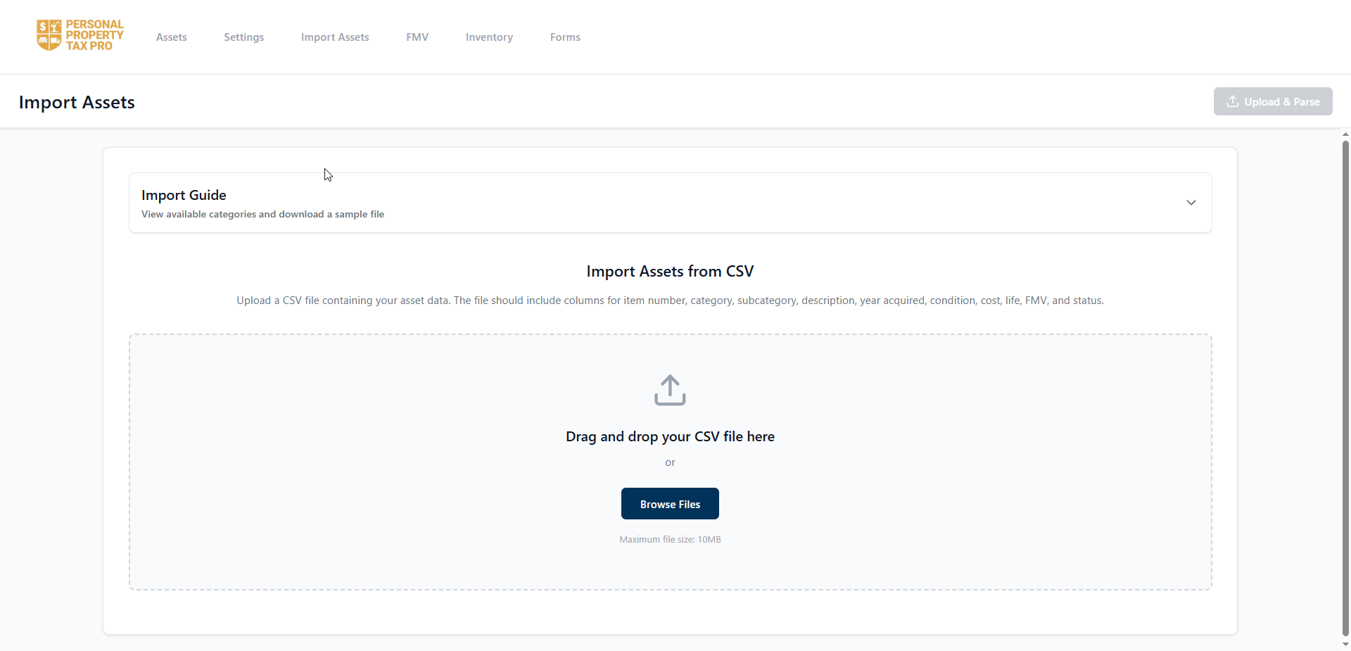 Import Assets Page - Personal Property Tax Pro interface screenshot