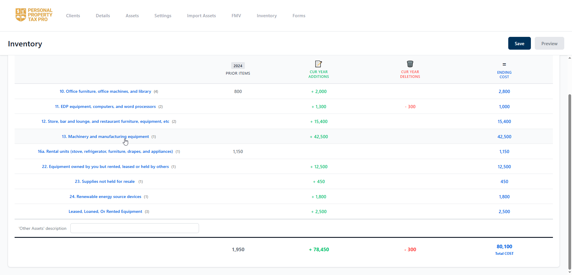 Inventory Page - Personal Property Tax Pro interface screenshot