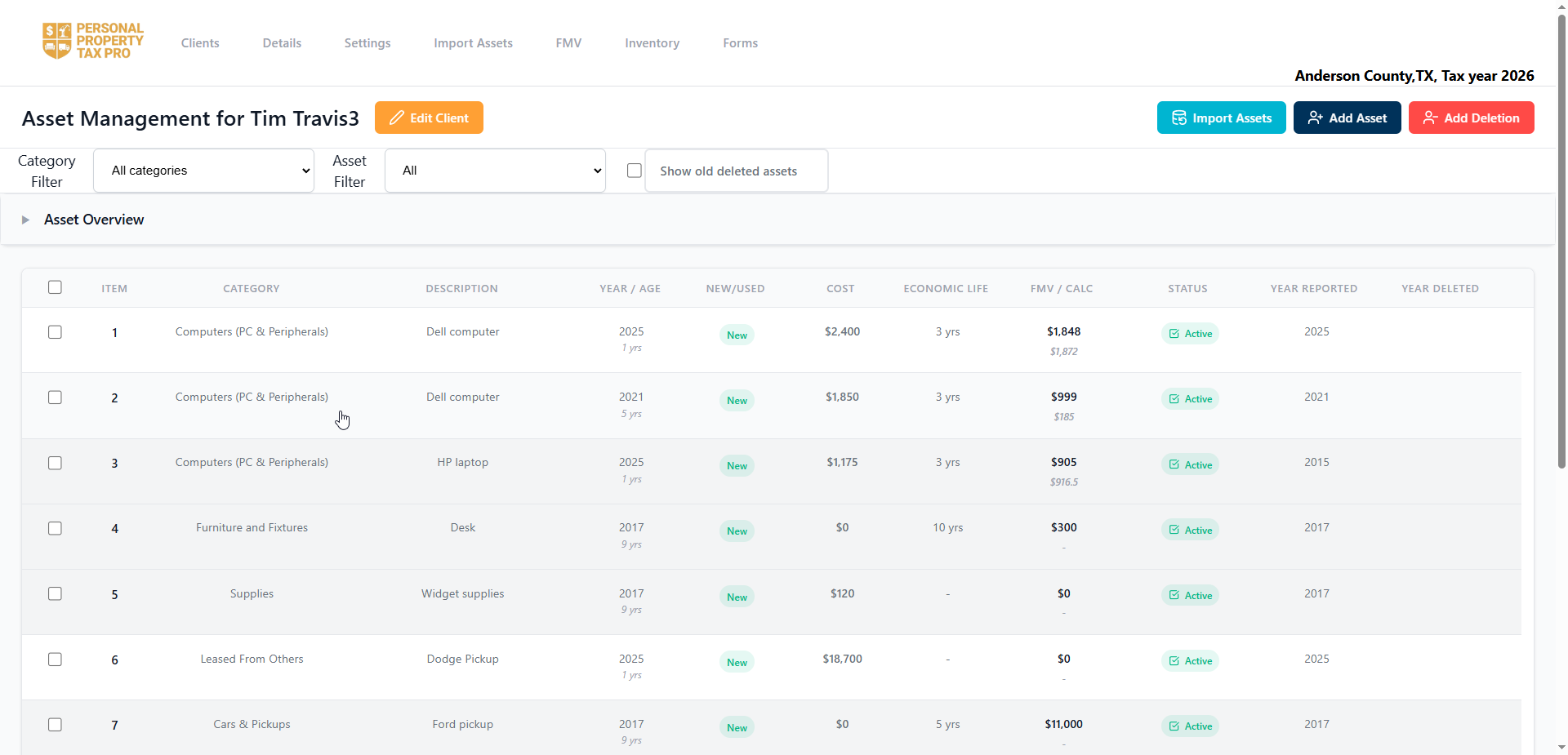 Asset Management in Texas - Personal Property Tax Pro interface screenshot